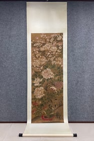A peony flower picture of Lu Zhi in the Ming Dynasty is a vertical scroll on silk