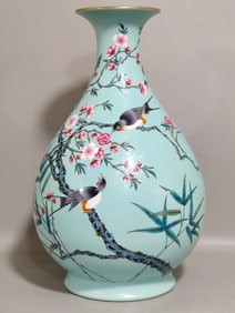 A pair of turquoise green flowers and birds inscribed poems in the Yongzheng year of the Qing