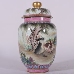 A pair of enamel color painted rabbit tea cans made in the Qianlong year of the Qing Dynasty