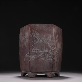 A six-edged pen holder for purple sand carved landscape character story map