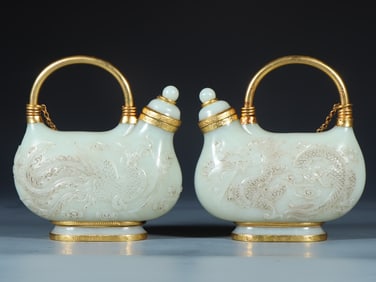 A pair of Hetian jade dragon and phoenix pattern gold pots