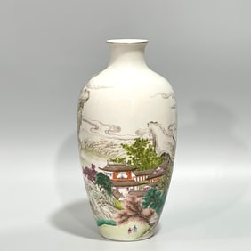 A piece of Hong Xian's ink bone color landscape pavilion figure radish bottle