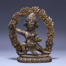 A statue of the Bodhisattva Vajrapani in gold and bronze with silver inlay