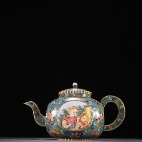 A piece of Qing Dynasty bronze fetal painting, enamel window, character story, teapot
