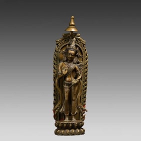 A Qing Dynasty alloy bronze silver holding lotus Guanyin standing statue
