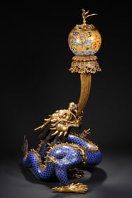 A delicate bronze gilt cloisonne dragon pan phoenix dance ornament
