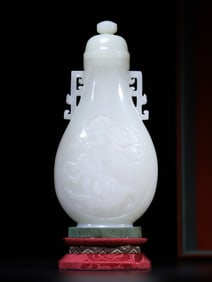 A beautiful Hetian jade pine crane longevity bottle