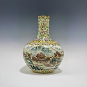 A piece of enamel color apples, green mountains and phoenixes, flowers, entwined branches,