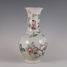 A Qing Dynasty Yongzheng year made pastel flowers and birds character story vase