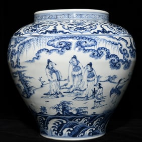 A blue and white character story pattern jar from the Ming Dynasty