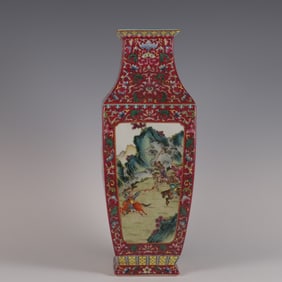 A piece of the Qing Dynasty Yongzheng year of the carmine ground pastel window Three Kingdoms