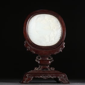 A piece of Qing Dynasty mahogany inlay Hetian jade carved landscape figure interstitial