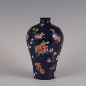 A blue ground pastel floral pattern plum vase made in the Yongzheng year of the Qing Dynasty