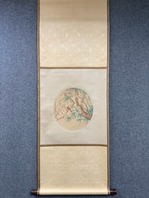 A vertical scroll of flowers and birds on silk from Fei Yan