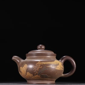 A Fu Ji style of the old purple sand pile carved landscape artistic conception teapot