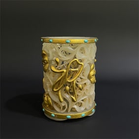 A piece of Hetian white jade bag gold Fulu Shoulou empty ornaments of the Qing Dynasty court
