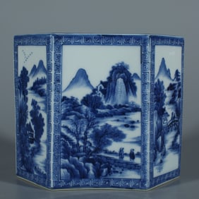 A piece of exquisite blue and white windowed landscape people are hexagonal pen holders