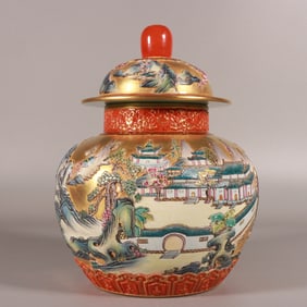 A piece of Qing Dynasty Qianlong year enamel carved gold landscape tea canter