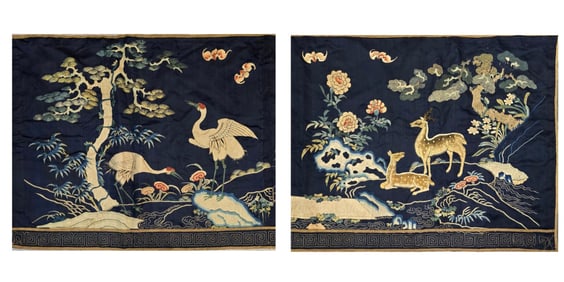 A pair of Suzhou embroidered deer and cranes in the Qing Dynasty in the same spring