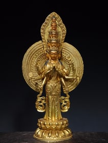 A bronze gilt painted thousand-armed Guanyin Buddha statue
