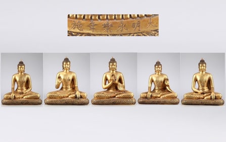 A group of Ming Dynasty fine-cast bronze fetal gilt five-sided Buddha seated statues
