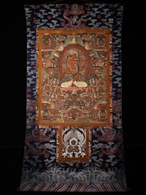 A Ming Dynasty "Rahula" Buddha statue leather thangka