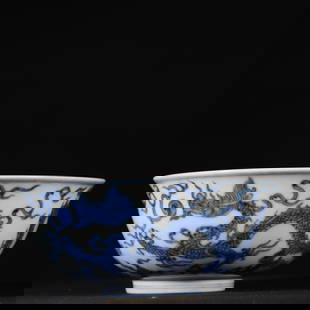 A piece of Chenghua blue and white dragon pattern bowl from the Ming Dynasty: Chenghua blue and white dragon pattern bowl of the Ming Dynasty SIZE: H:5.5cm W:12cm (The Dimensions Of All Batches Are Manually Measured.If You Need More Detailed Information, Please Contact Our Cust