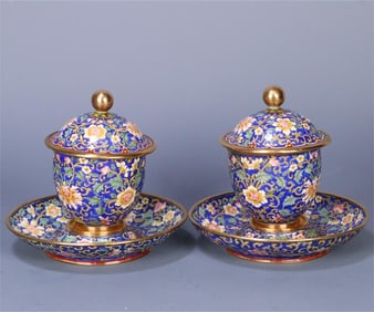 A pair of bronze fetal painting enamel entwined flower bowls made in the Qianlong year of the Qing