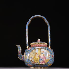 A piece of Qing Dynasty bronze fetal painting, enamel window, character story, beam pot