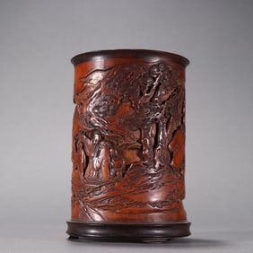 A Qing Dynasty bamboo carved mountain stone figure pen holder