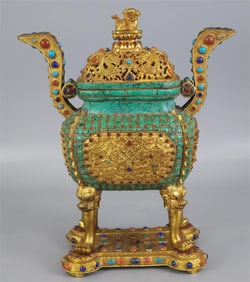 A fine copper-gilt inlaid turquoise smoker