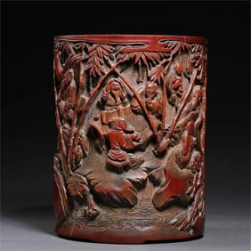 A piece of Qing Dynasty bamboo carving, piano, chess, calligraphy and painting, Gao Shi figure pen