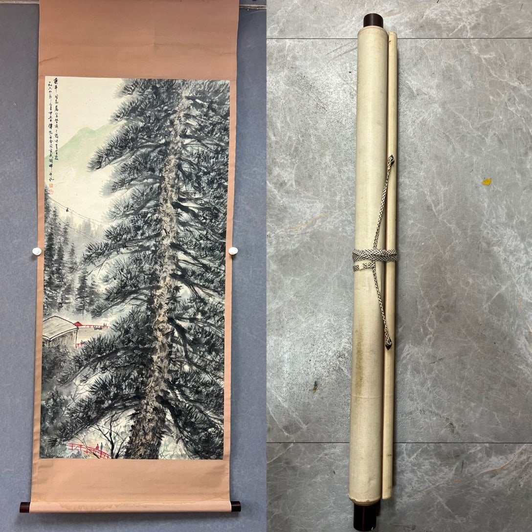 A landscape drawing of Fu Baoshi is originally framed: Fu Baoshi's landscape map original mounting SIZE: 127x61cm (The Dimensions Of All Batches Are Manually Measured.If You Need More Detailed Information, Please Contact Our Customer Service Before Biddin