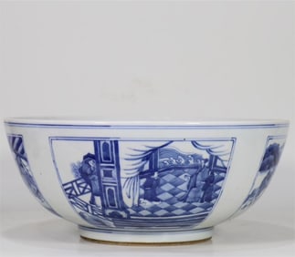 A large bowl of blue and white four-window character stories made in the Kangxi year of the Qing