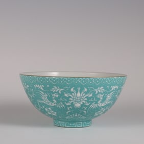 A piece of turquoise green glazed pile white double phoenix wearing flowers in the Yongzheng year of