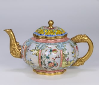 A bronze fetal painting enamel dragon head melon ridge pot from the Qing Dynasty