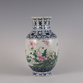 A piece of blue and white made in the Qianlong year of the Qing Dynasty with pastel poppy melon