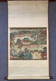 A vertical scroll on silk of Qiu Yingting's pavilion