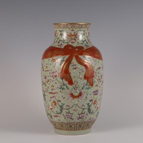A piece of Qing Dynasty Jiaqing year made bean green glaze with pastel entwined branch lotus pattern