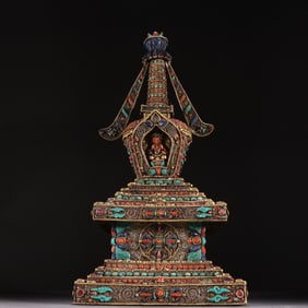 A delicate sterling silver gilt filigree inlaid gemstone longevity stupa