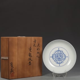A blue and white dragon pattern plate made in the Ming Dynasty