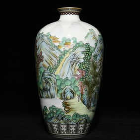 A pastel landscape figure pattern plum vase made in the Yongzheng year of the Qing Dynasty