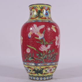 A pastel carmine zadao floral pattern winter melon bottle made in the Qianlong year of the Qing