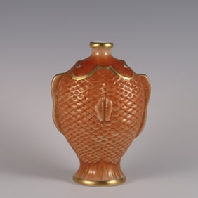 A piece of the Qing Dynasty Qianlong year coral red background depicted gold carp ornament