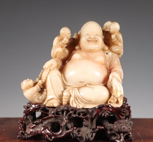 A beautiful Shoushan stone statue of Maitreya in the five sons