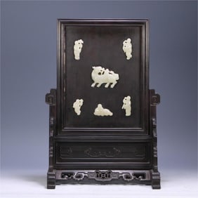A piece of Qing Dynasty red sandalwood inlay Hetian white jade unicorn sending sub interstitial
