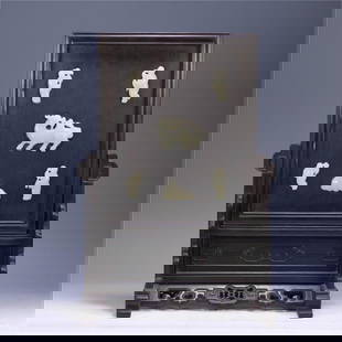 A piece of Qing Dynasty red sandalwood inlay Hetian white jade unicorn sending sub interstitial: Qing Dynasty red sandalwood inlay Hetian white jade unicorn sending child interstitial SIZE: 43x29.5x18cm (The Dimensions Of All Batches Are Manually Measured.If You Need More Detailed Information, Pl