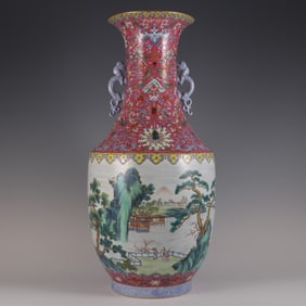 A large bottle of carmine ground pastel character story glass dragon ear made in the Qianlong year