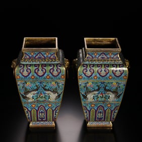 A pair of copper cloisonn é enamel crane pattern bottles from the Qing Dynasty