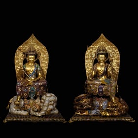 A delicate bronze gilt cloisonn é cloisonn é enamel statue of Manjushri Puxian Bodhisattva